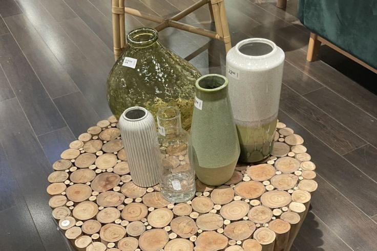 Handcrafted decorative mosaic wood-slice coffee table for export by WWCEXP