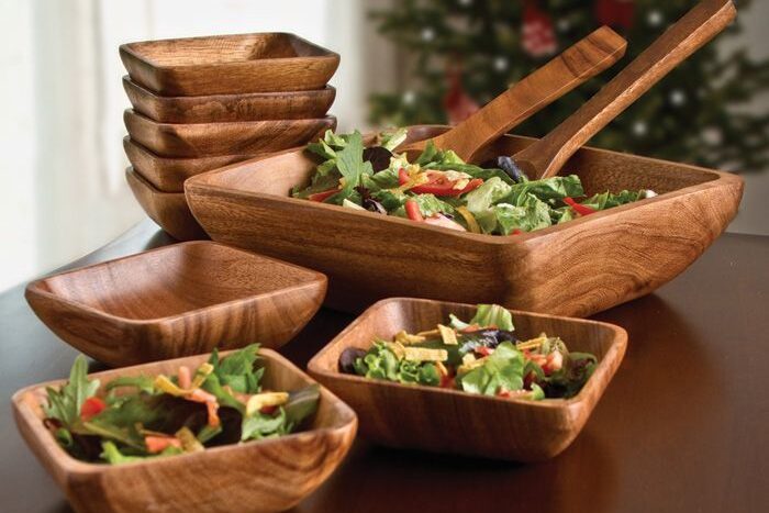 Handcrafted square wooden serving bowls for eco-friendly kitchenware export by WWCEXP